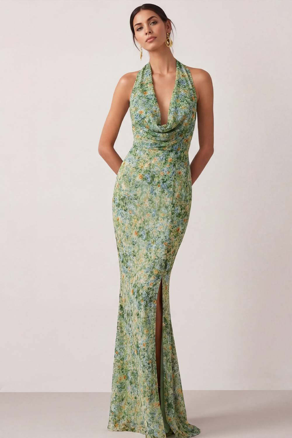 Leely Women Mermaid Floral Green Long Wedding Guest Dress with Slit Backless Halter Neck Garden Party Dress