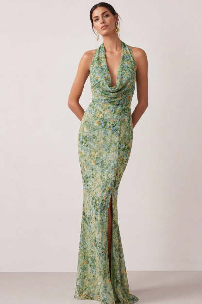 Leely Women Mermaid Floral Green Long Wedding Guest Dress with Slit Backless Halter Neck Garden Party Dress