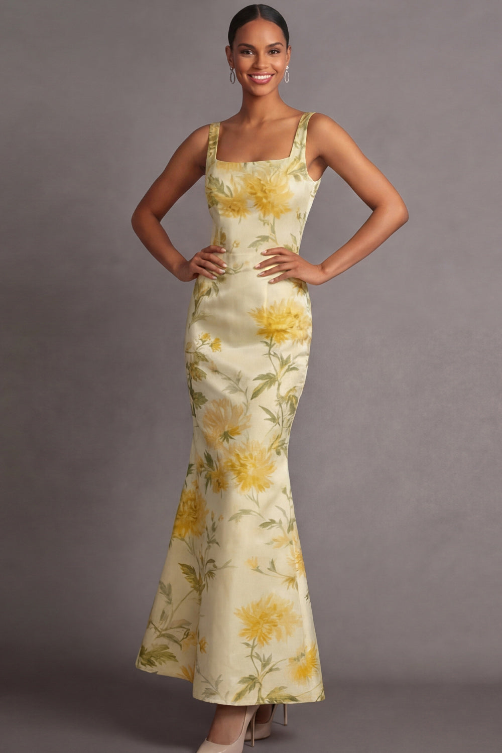 Leely Women Floral Light Yellow Mermaid Long Wedding Guest Dress Thick Straps Backless Sleeveless Garden Party Dress