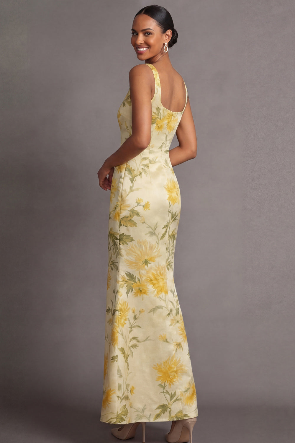 Floral Light Yellow Mermaid Long Wedding Guest Dress