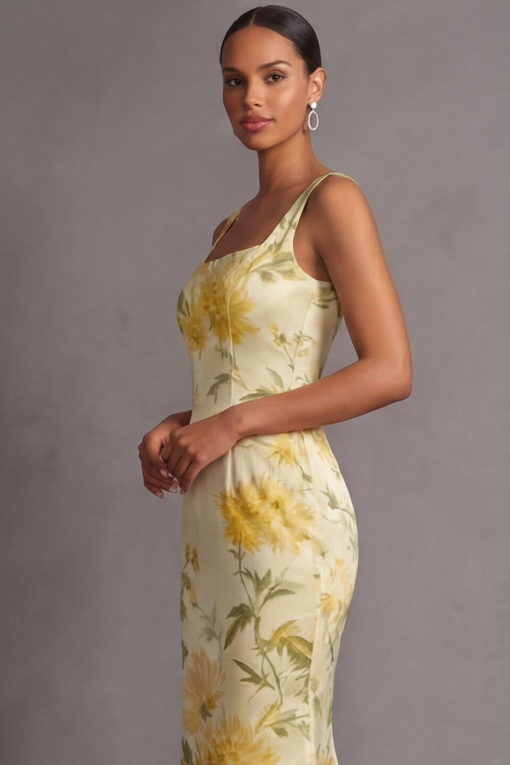 Floral Light Yellow Mermaid Long Wedding Guest Dress