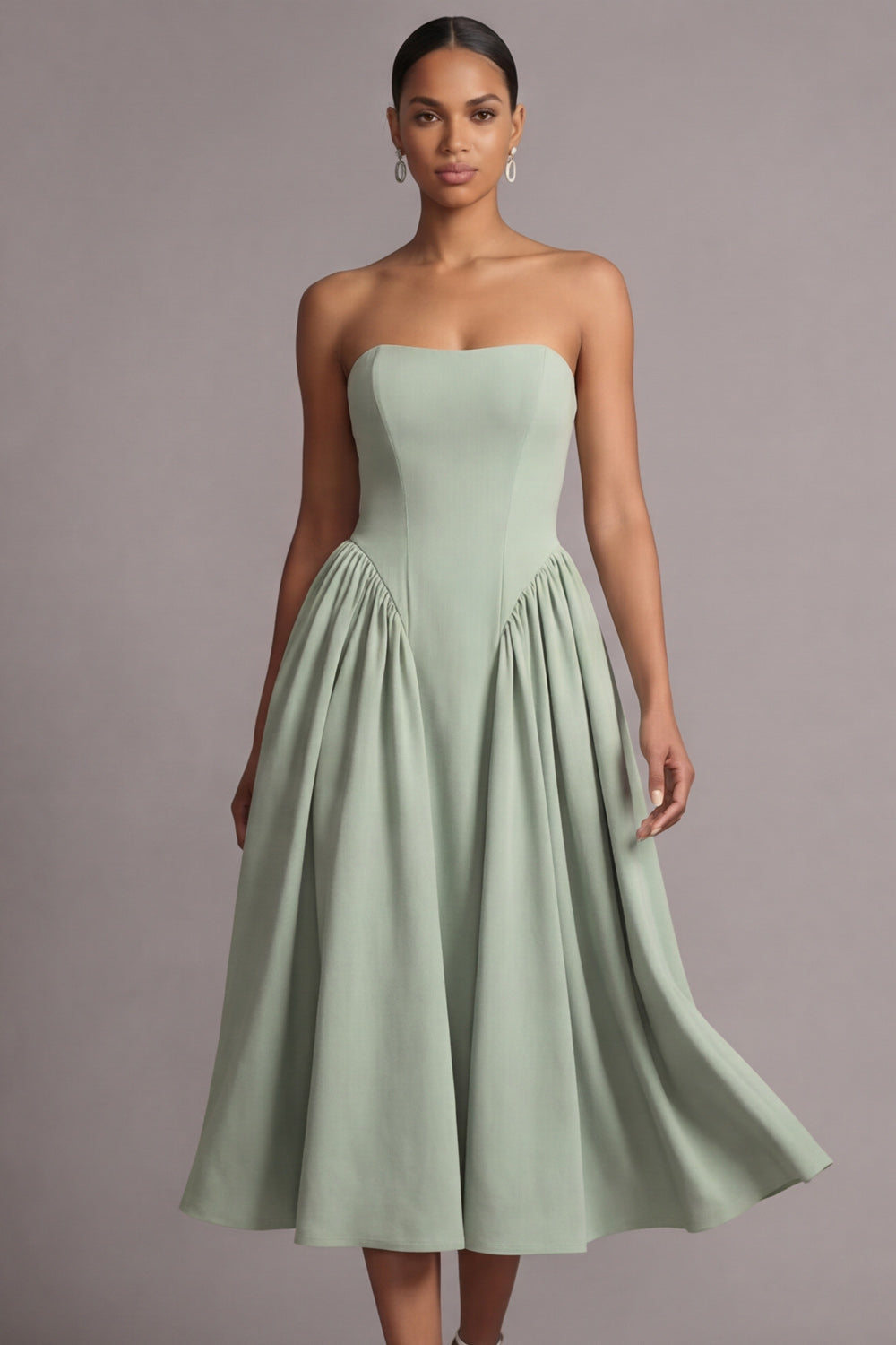 Strapless Dusty Sage Midi A Line Basque Waist Wedding Guest Dress