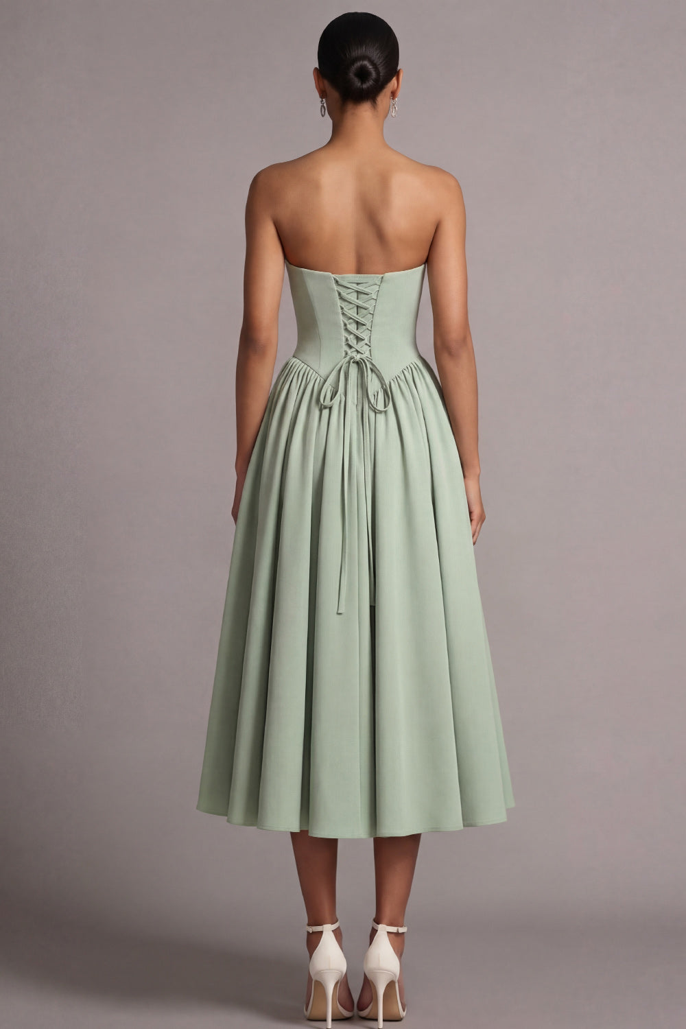 Strapless Dusty Sage Midi A Line Basque Waist Wedding Guest Dress