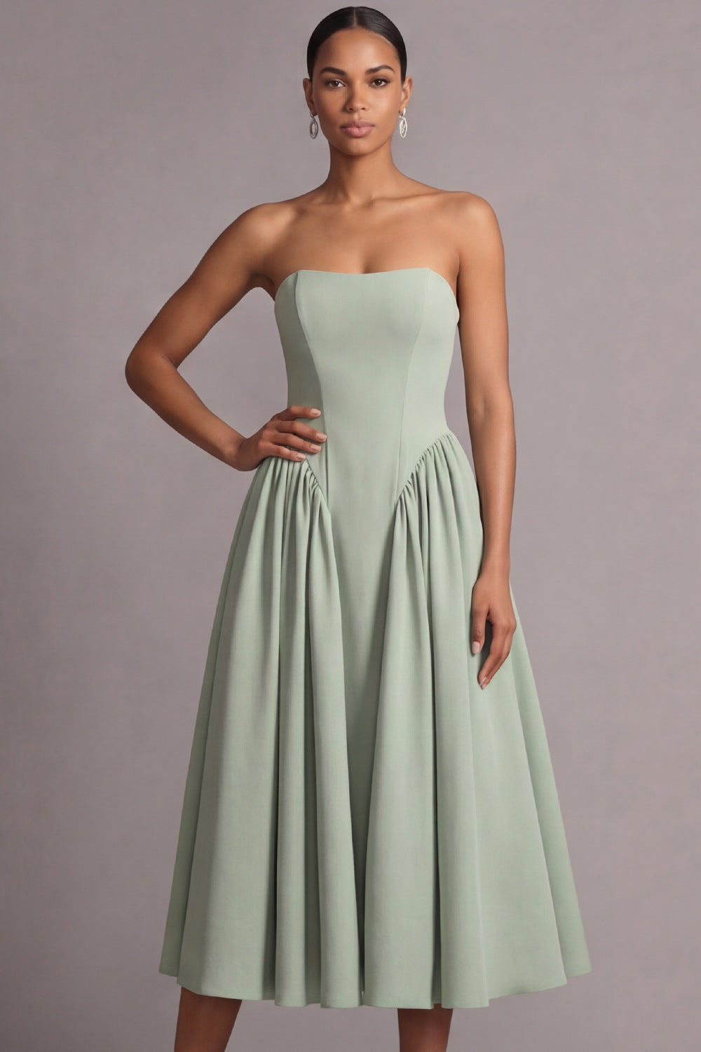 Strapless Dusty Sage Midi A Line Basque Waist Wedding Guest Dress