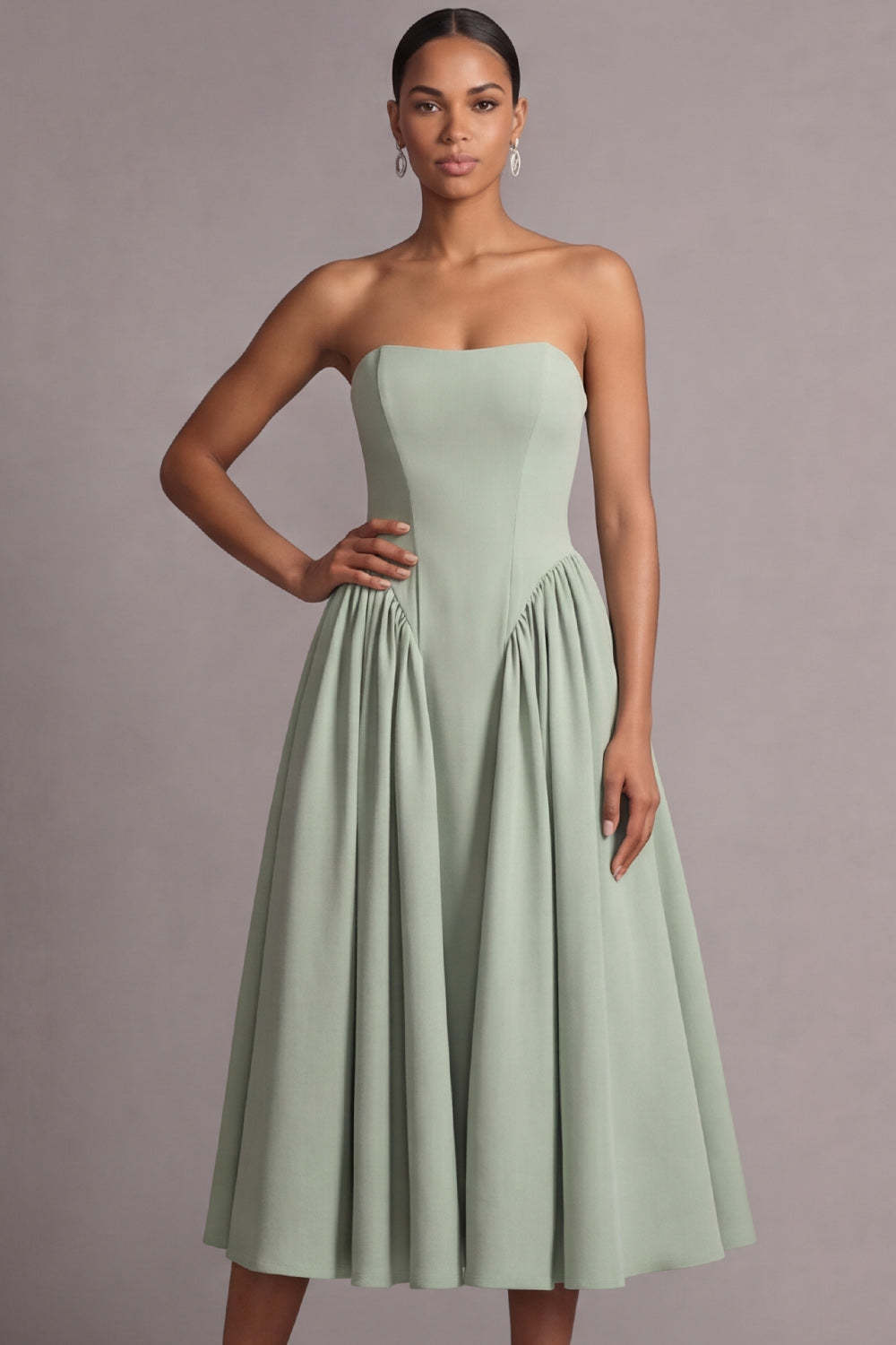 Strapless Dusty Sage Midi A Line Basque Waist Wedding Guest Dress