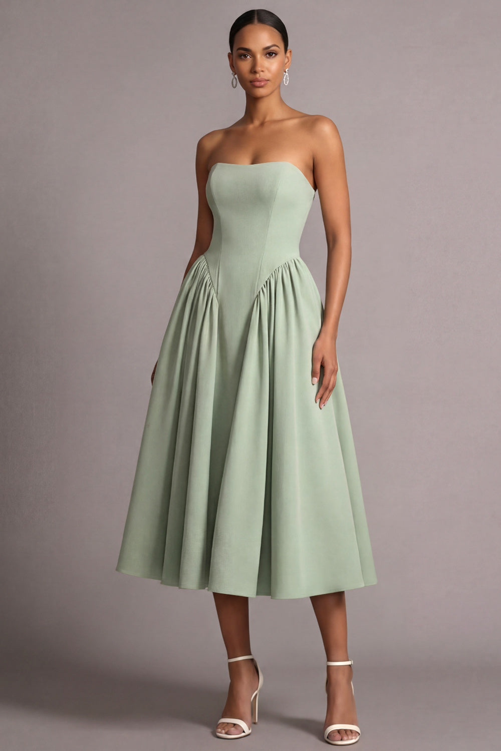 Leely Women Dusty Sage Midi A Line Wedding Guest Dress Strapless Basque Waist Lace up Back Bridesmaid Dress