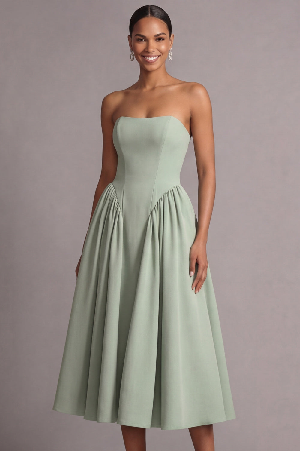 Strapless Dusty Sage Midi A Line Basque Waist Wedding Guest Dress