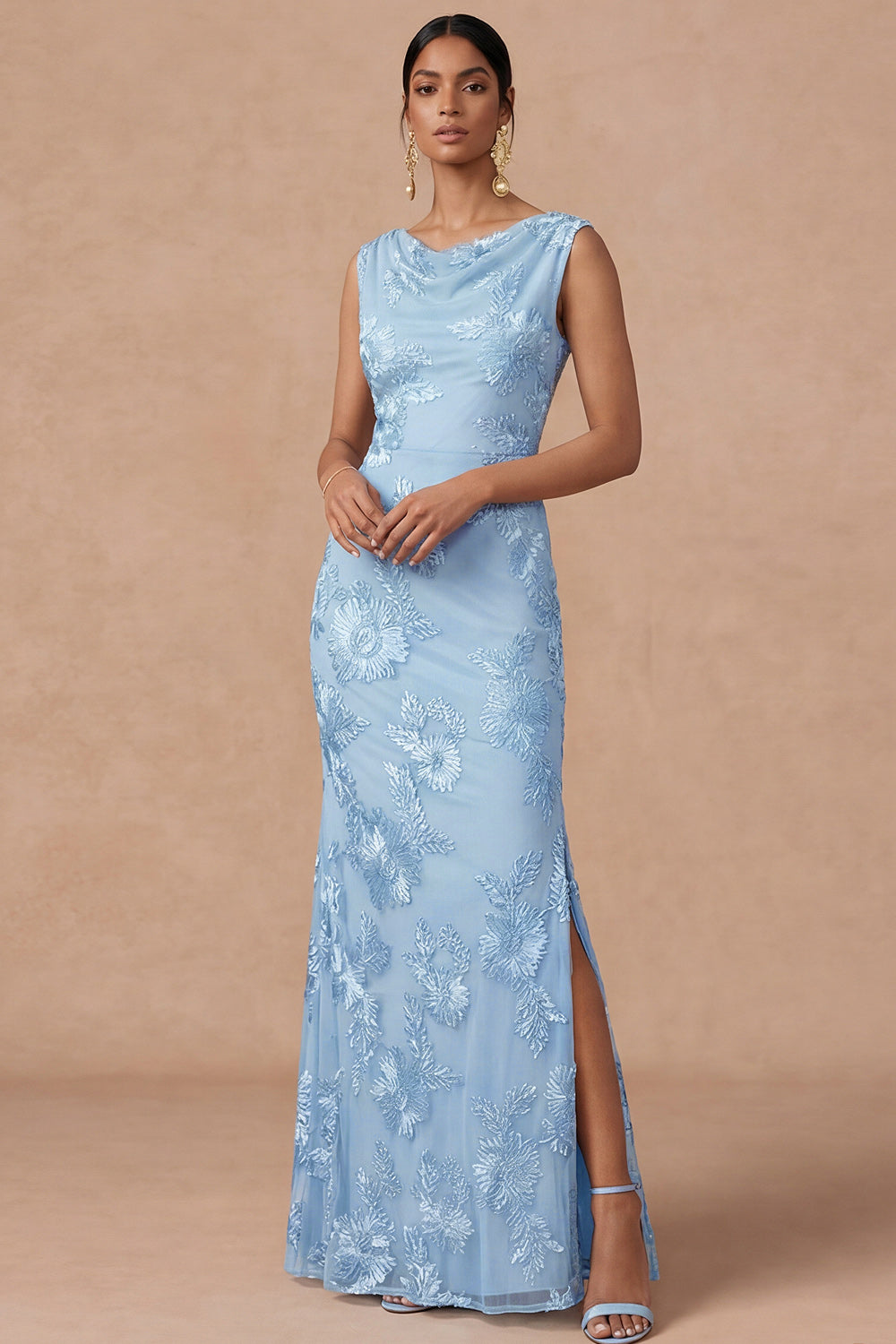 Leely Women Light Blue Sheath Maxi Wedding Guest Dress with Slit Cowl Neck Sleeveless Embroidered Formal Dress