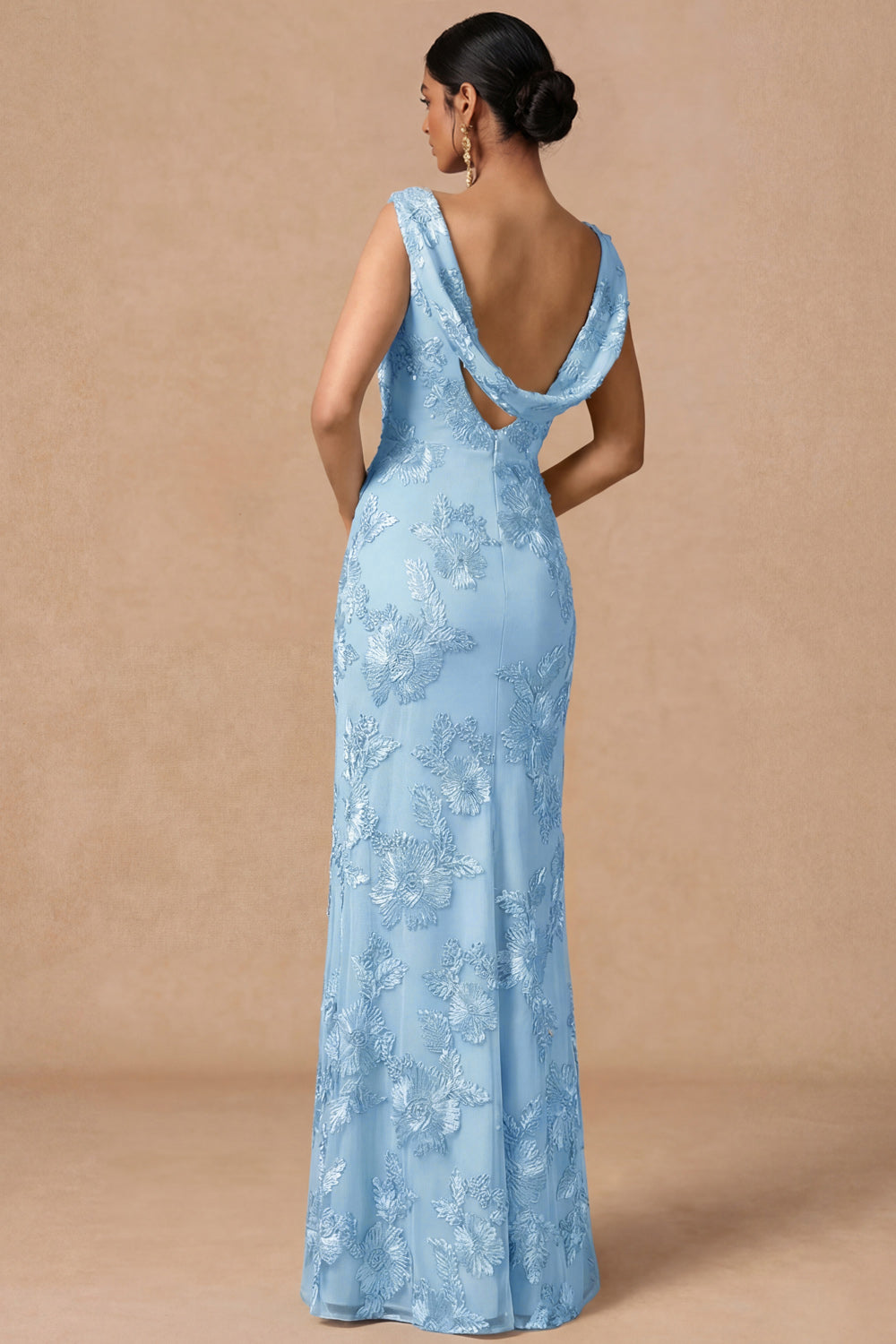 Light Blue Cowl Neck Sheath Embroidered Maxi Wedding Guest Dress with Slit