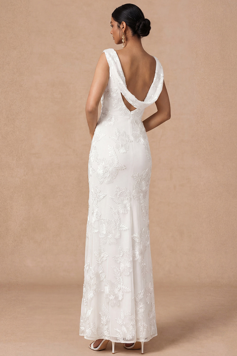White Cowl Neck Sheath Embroidered Maxi Wedding Reception Dress with Slit
