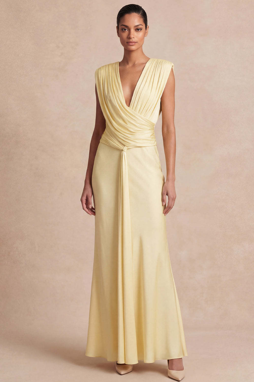 Leely Women Light Yellow Mermaid Maxi Wedding Guest Dress with Sash V-Neck Sleeveless Ruched Formal Dress