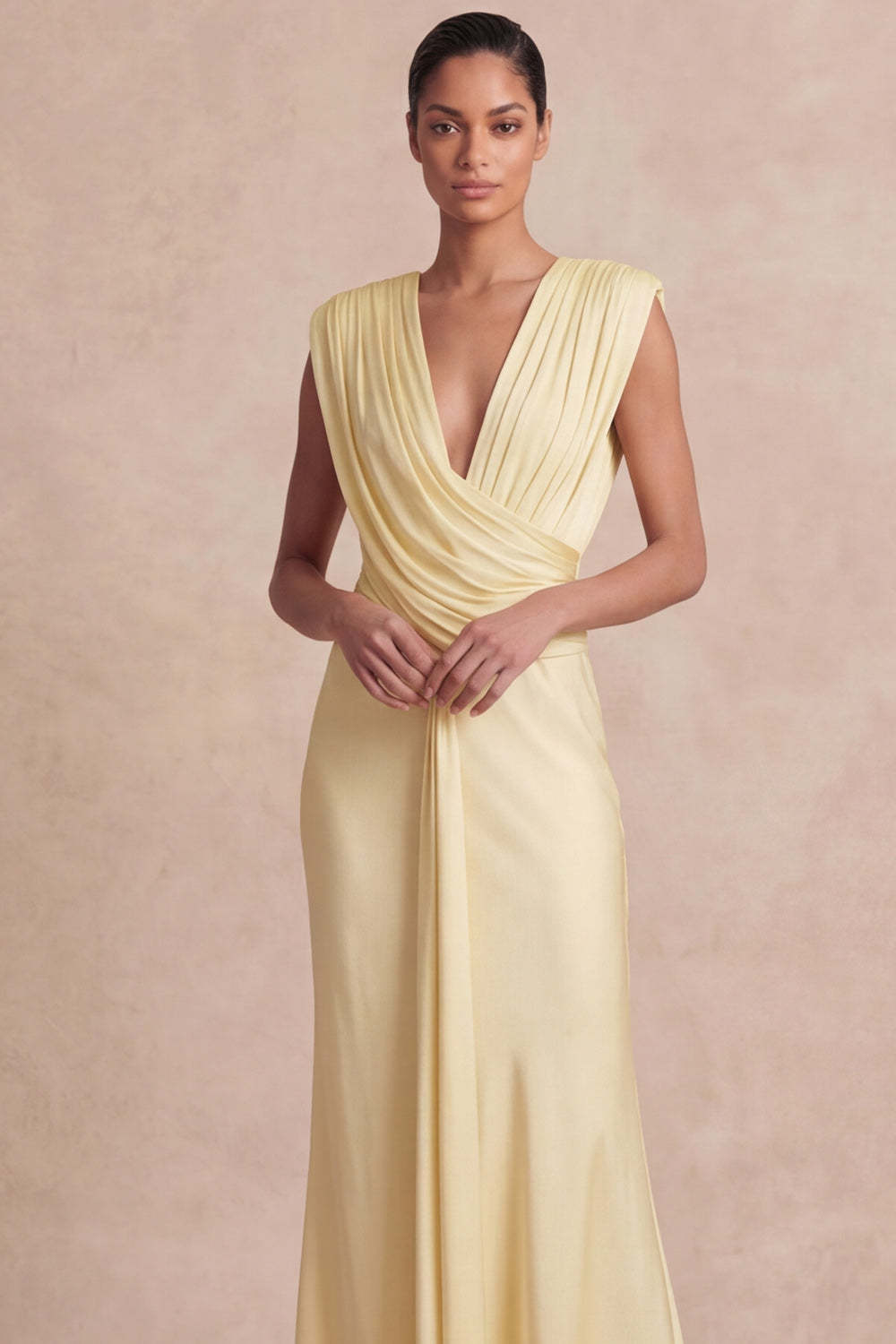 Light Yellow V-Neck Ruched Maxi Wedding Guest Dress with Sash