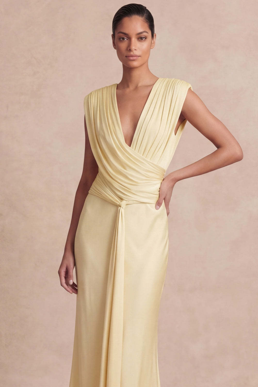 Light Yellow V-Neck Ruched Maxi Wedding Guest Dress with Sash