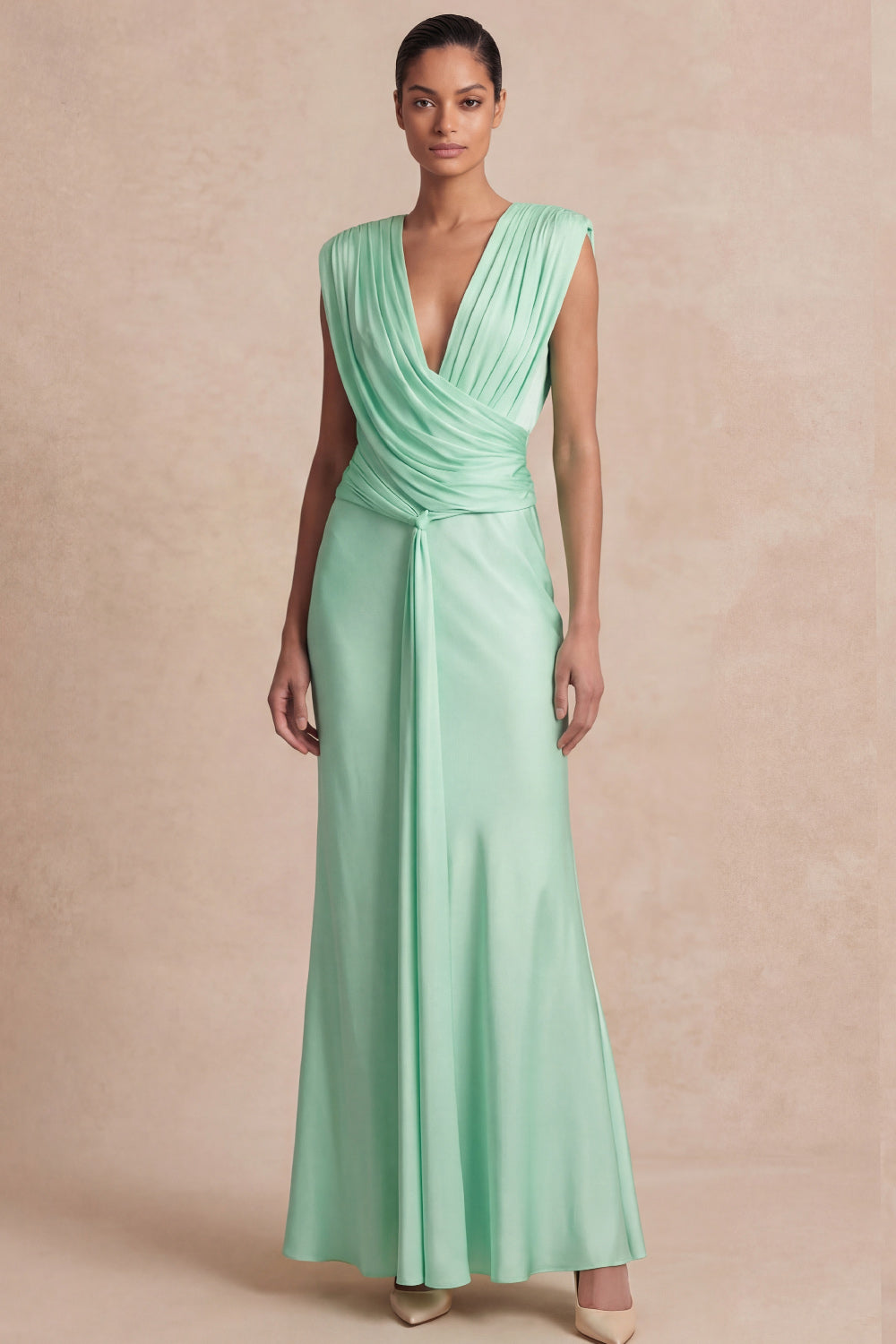 Light Yellow V-Neck Ruched Maxi Wedding Guest Dress with Sash