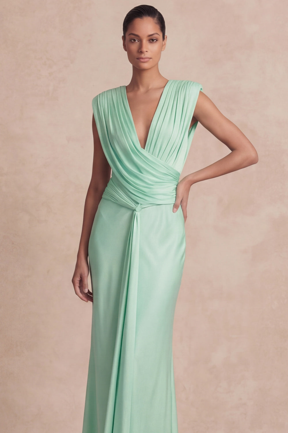 Light Yellow V-Neck Ruched Maxi Wedding Guest Dress with Sash