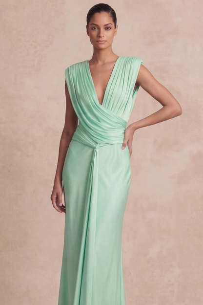 Light Yellow V-Neck Ruched Maxi Wedding Guest Dress with Sash