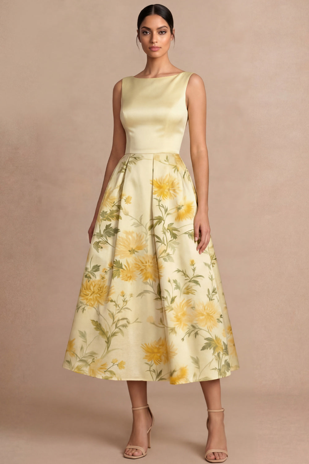 Leely Women Light Yellow Midi Floral Printed Wedding Guest Dress A-Line Boat Neck Sleeveless Garden Party Dress