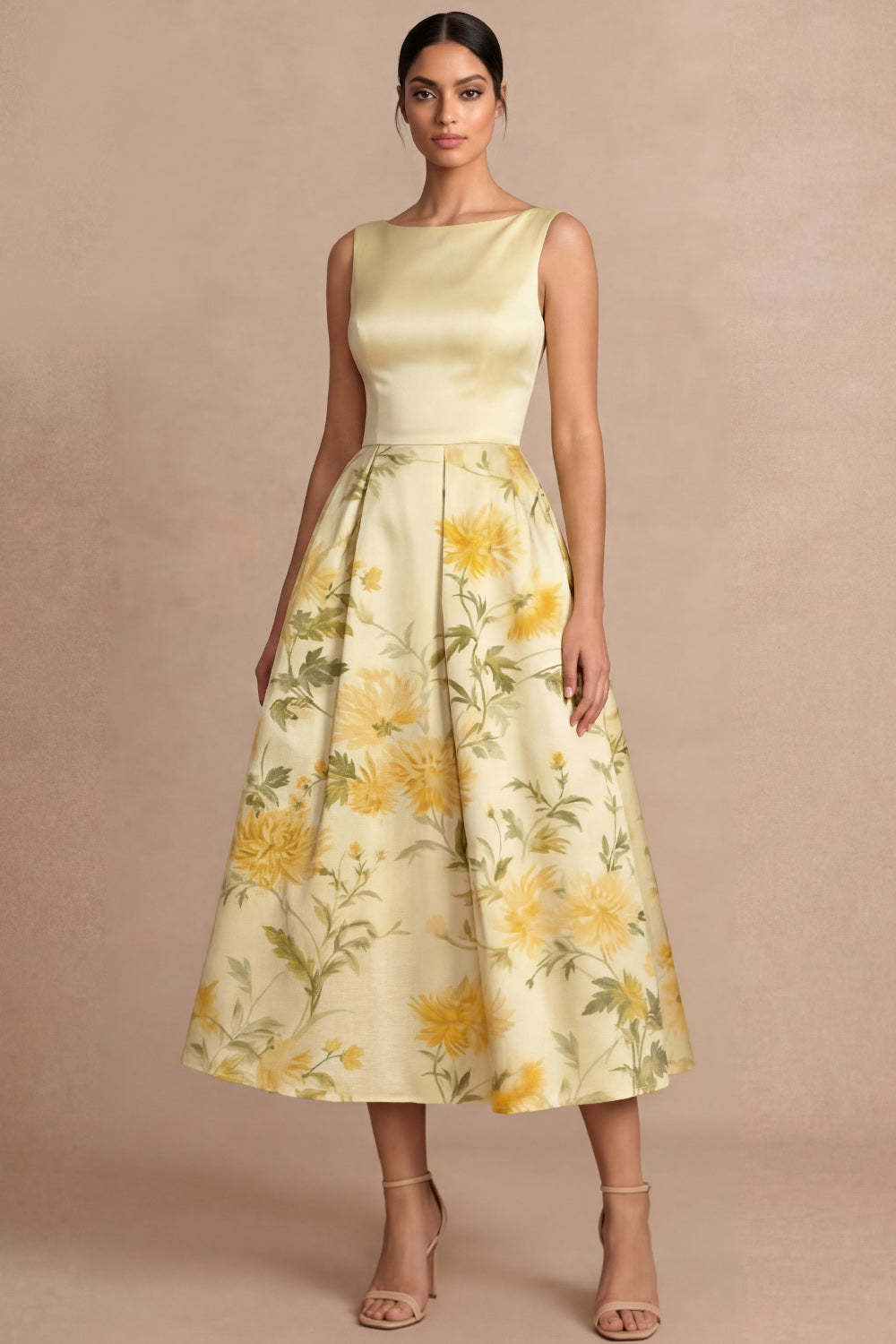 Leely Women Light Yellow Midi Floral Printed Wedding Guest Dress A-Line Boat Neck Sleeveless Garden Party Dress