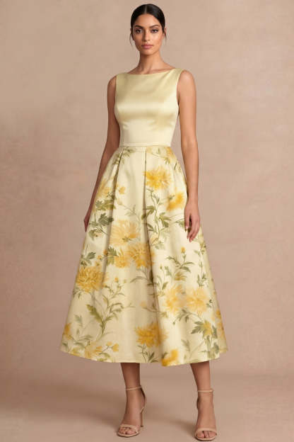 Leely Women Light Yellow Midi Floral Printed Wedding Guest Dress A-Line Boat Neck Sleeveless Garden Party Dress