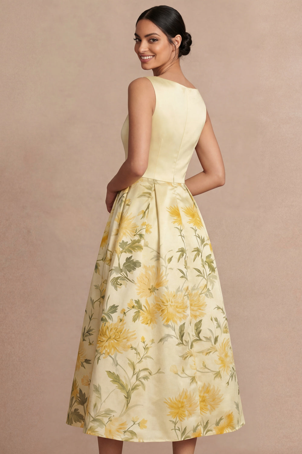 Light Yellow Midi Floral Printed A-Line Wedding Guest Dress