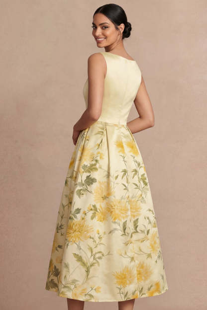 Light Yellow Midi Floral Printed A-Line Wedding Guest Dress