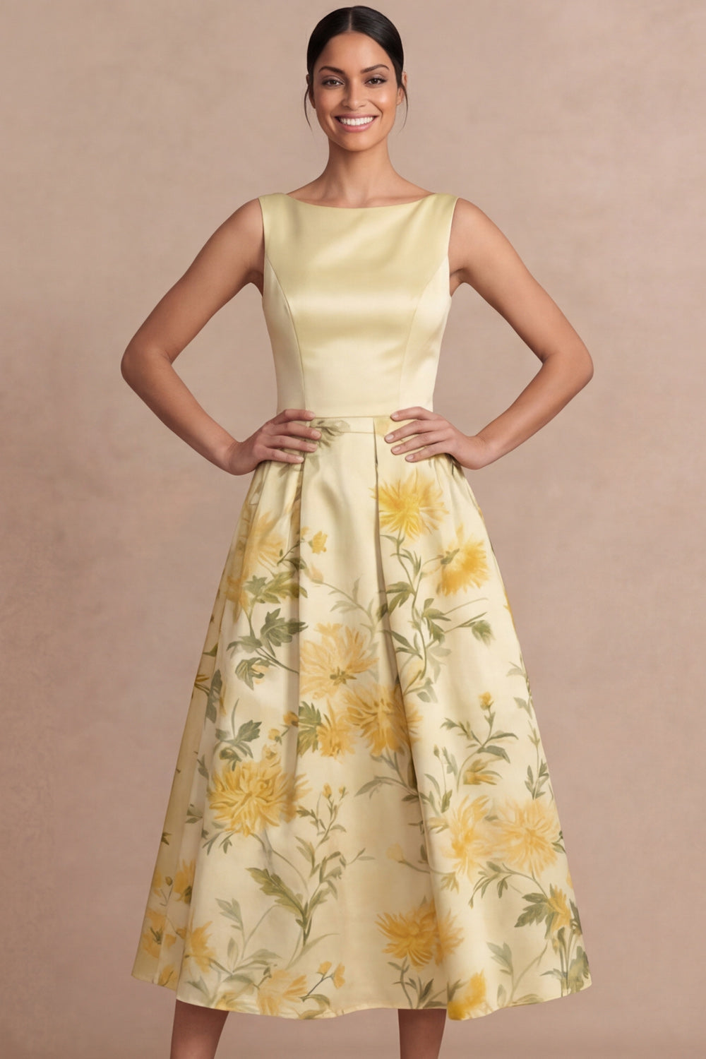 Light Yellow Midi Floral Printed A-Line Wedding Guest Dress