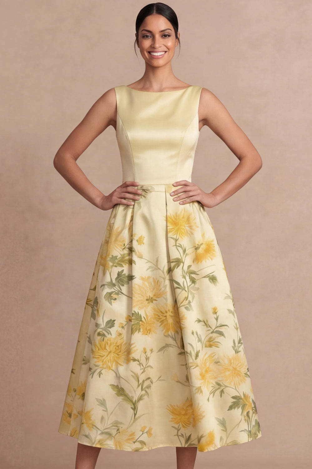Light Yellow Midi Floral Printed A-Line Wedding Guest Dress