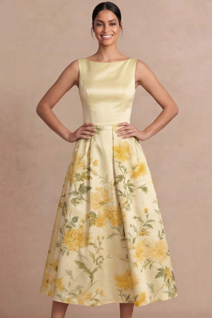 Light Yellow Midi Floral Printed A-Line Wedding Guest Dress
