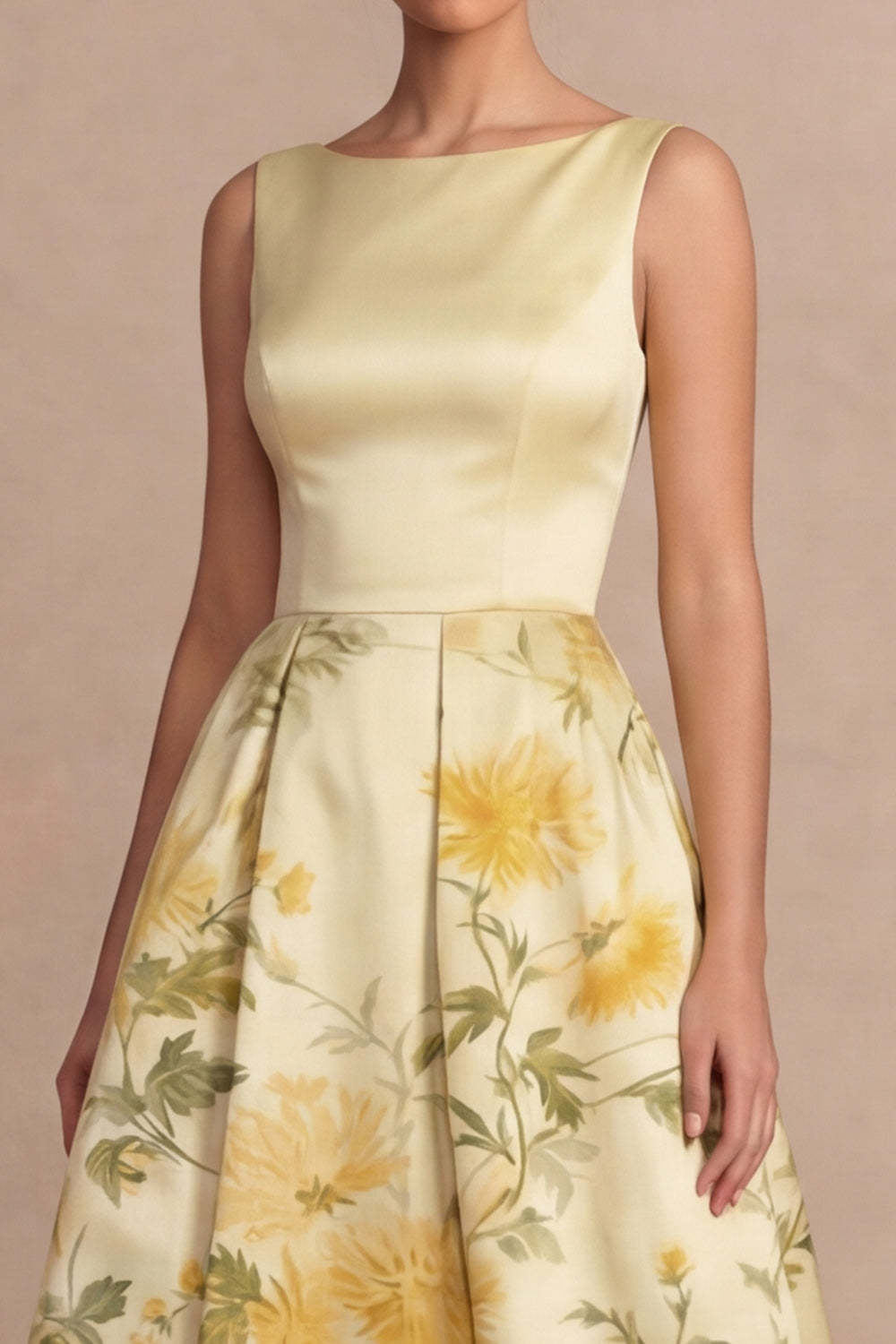 Light Yellow Midi Floral Printed A-Line Wedding Guest Dress