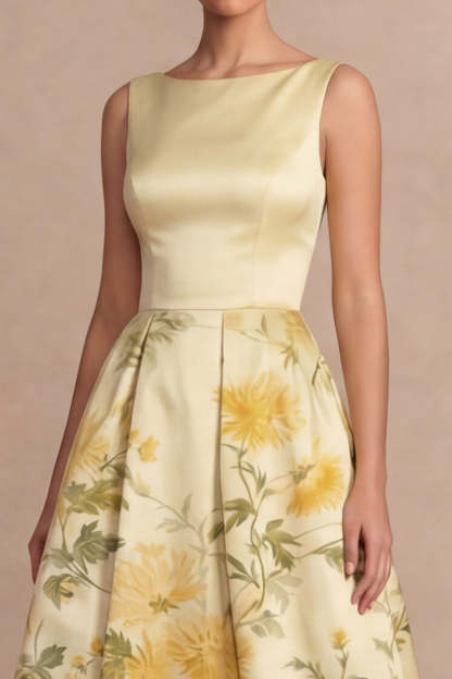 Light Yellow Midi Floral Printed A-Line Wedding Guest Dress