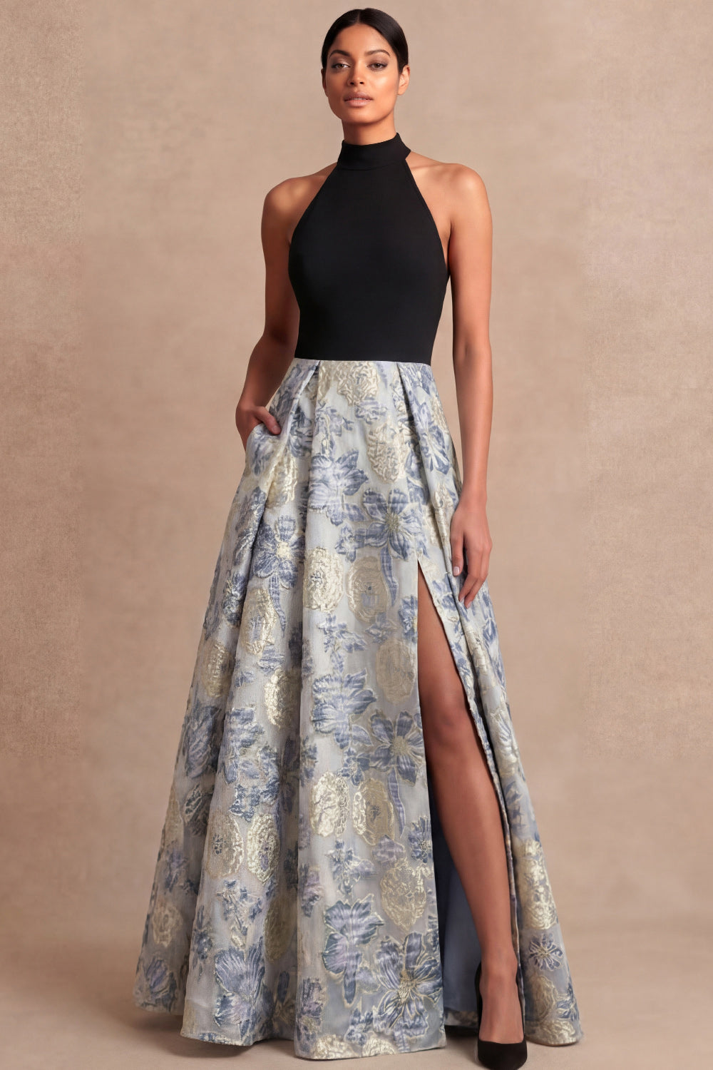 Dusty Blue Jacquard Floral Long Wedding Guest Dress with Slit