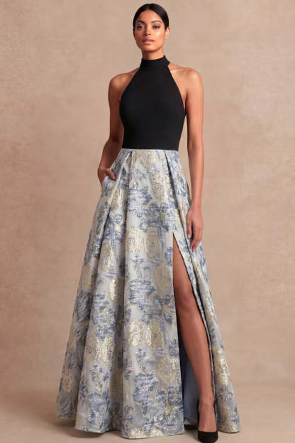 Leely Women Dusty Blue Jacquard Floral Long Wedding Guest Dress with Slit Halter Neck A Line Backless Formal Dress