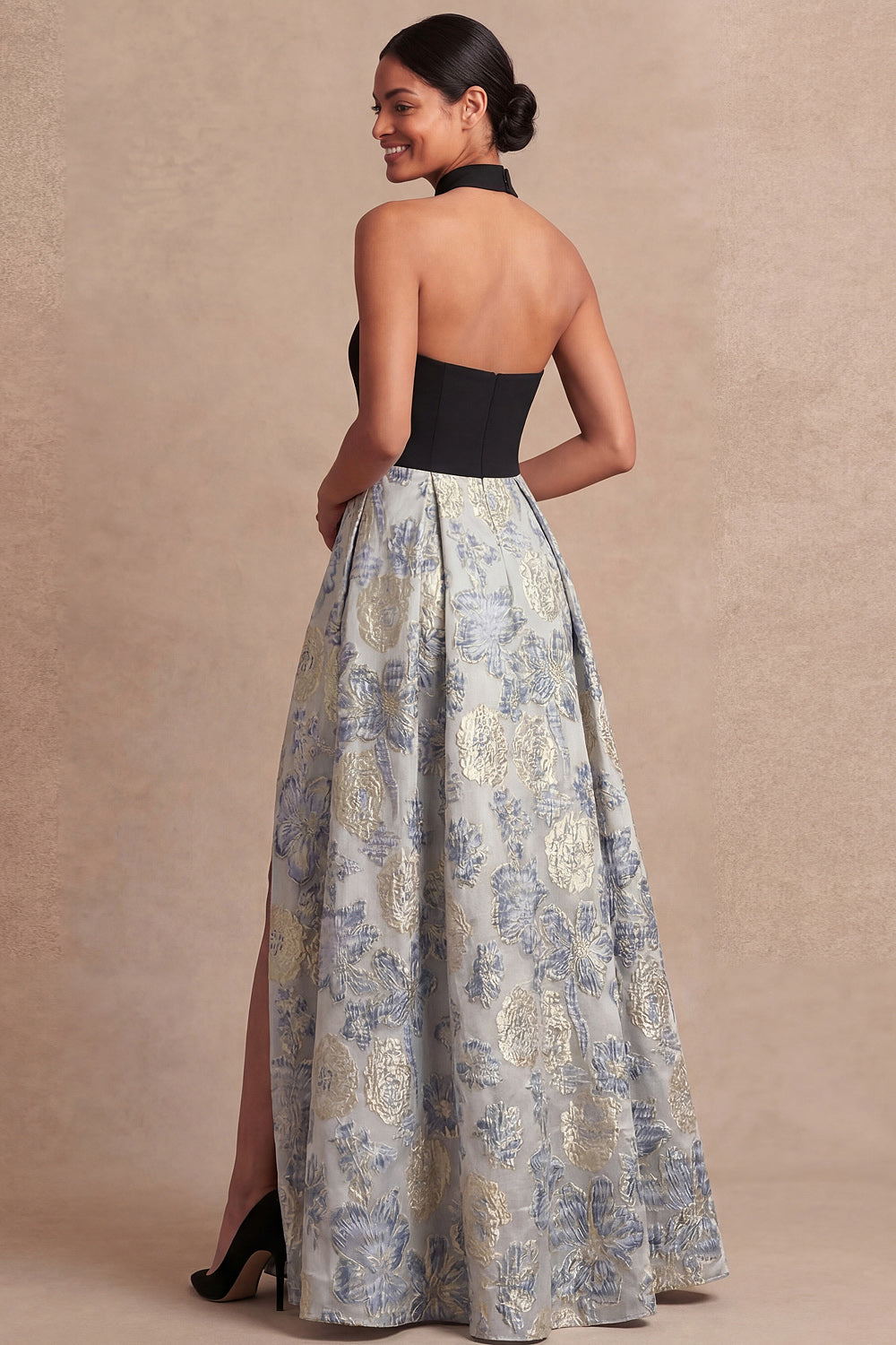Dusty Blue Jacquard Floral Long Wedding Guest Dress with Slit