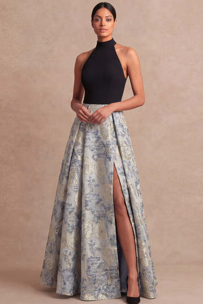 Dusty Blue Jacquard Floral Long Wedding Guest Dress with Slit