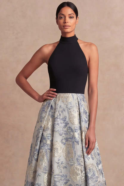Dusty Blue Jacquard Floral Long Wedding Guest Dress with Slit