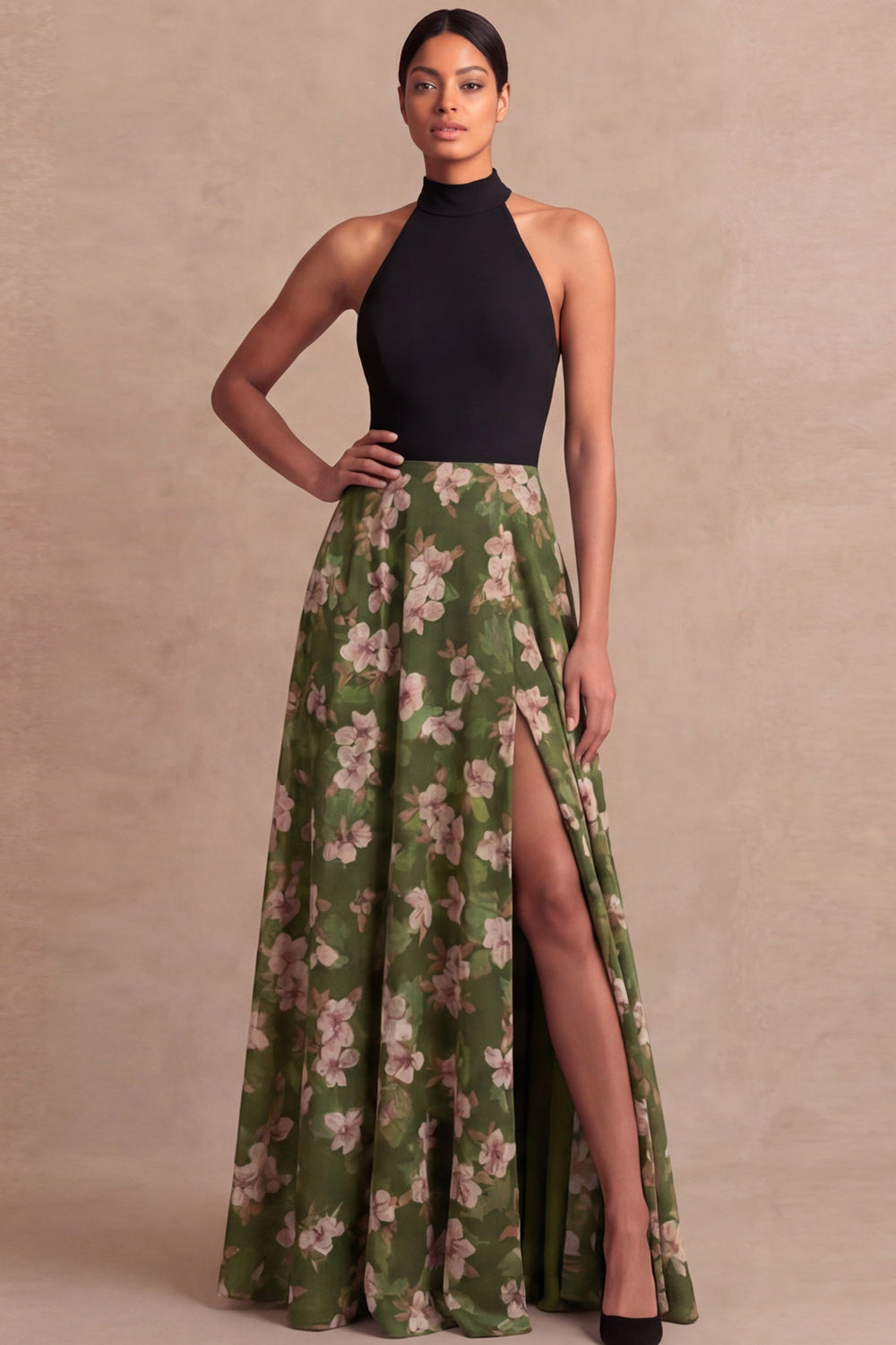 Olive Floral A Line Backless Long Wedding Guest Dress with Slit