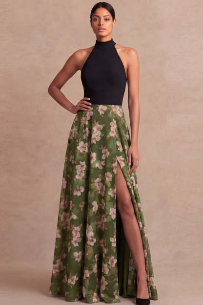Leely Women Olive Floral A Line Long Wedding Guest Dress with Slit Halter Backless Formal Dress