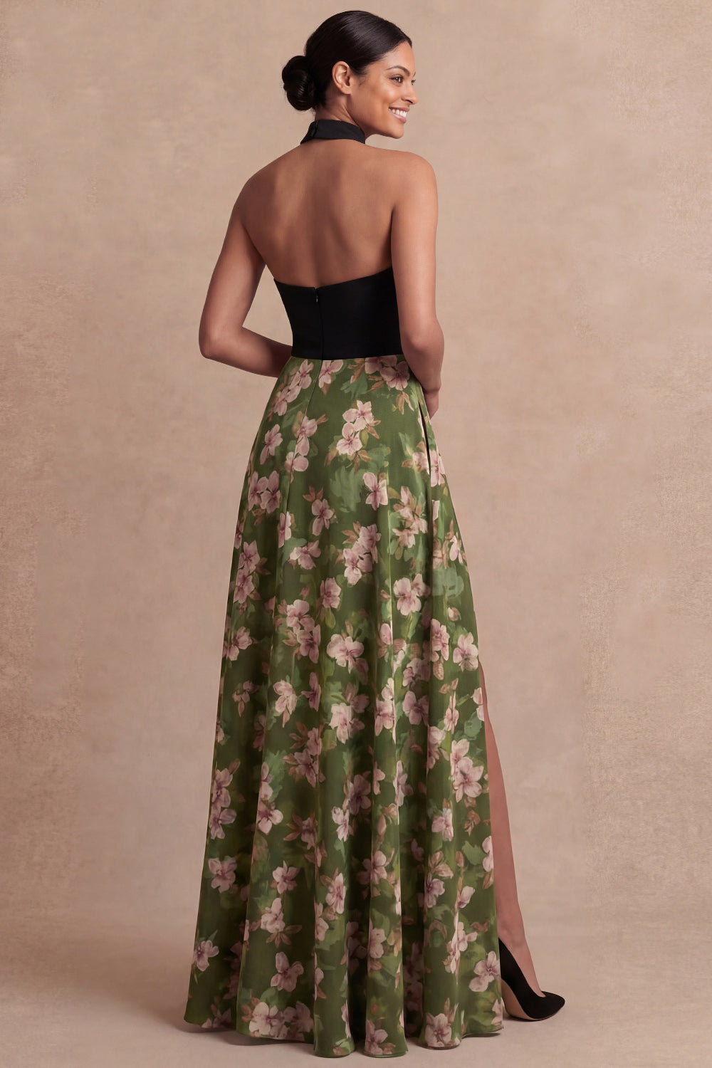Olive Floral A Line Backless Long Wedding Guest Dress with Slit