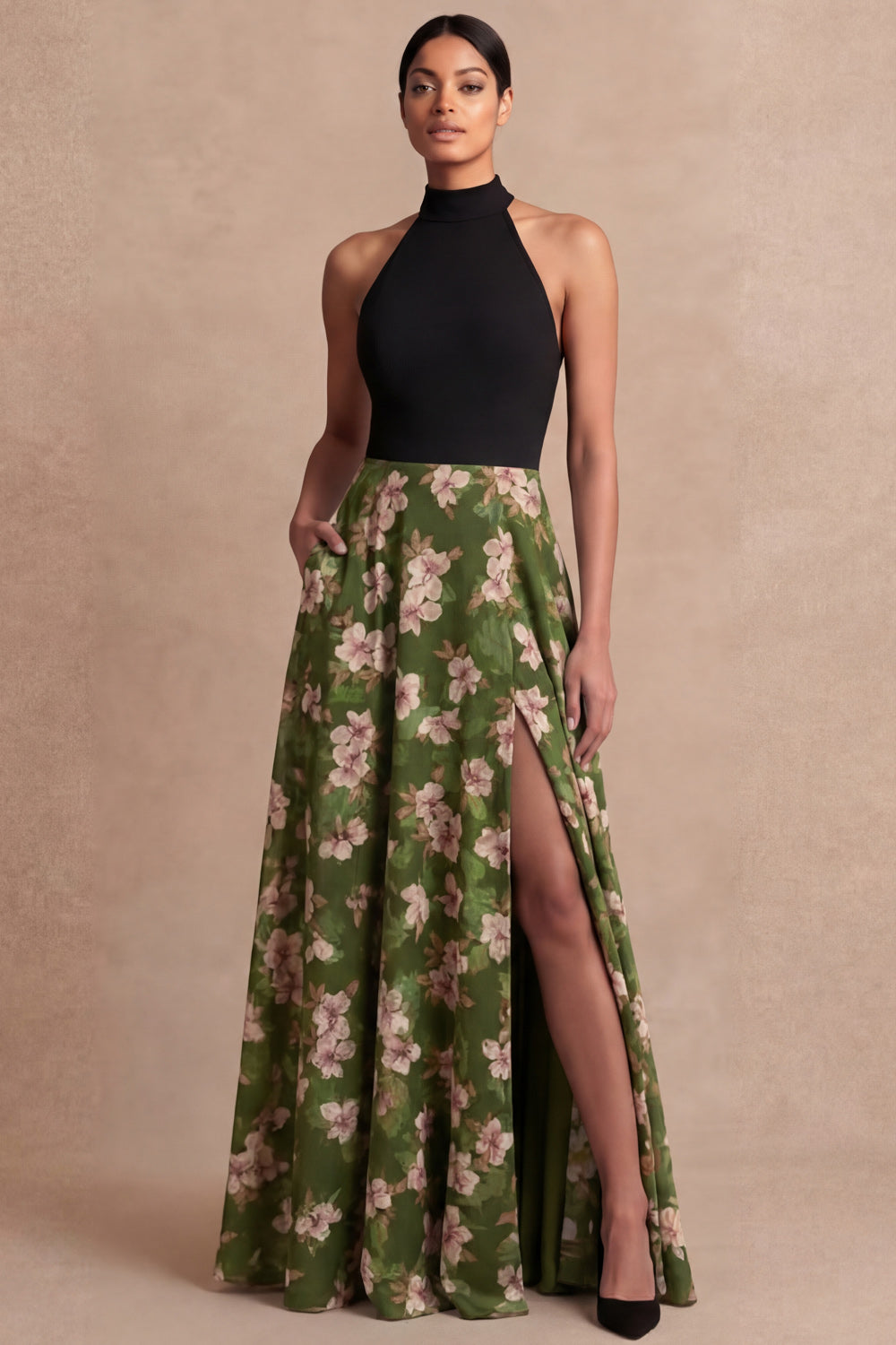 Olive Floral A Line Backless Long Wedding Guest Dress with Slit