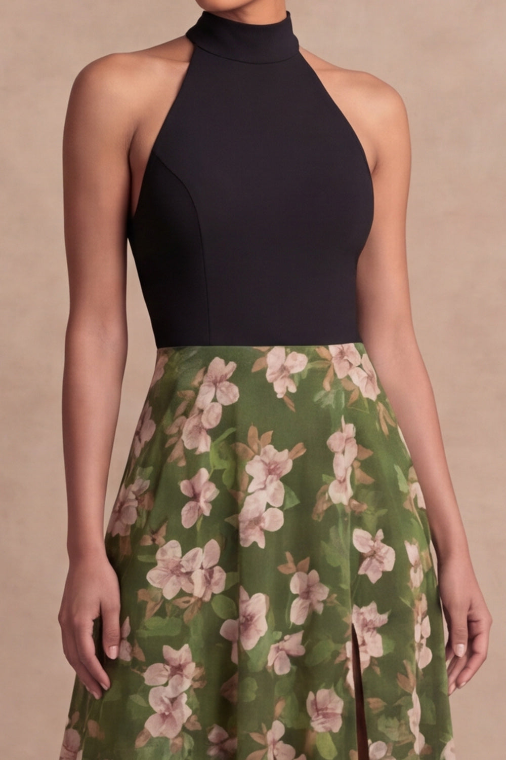Olive Floral A Line Backless Long Wedding Guest Dress with Slit