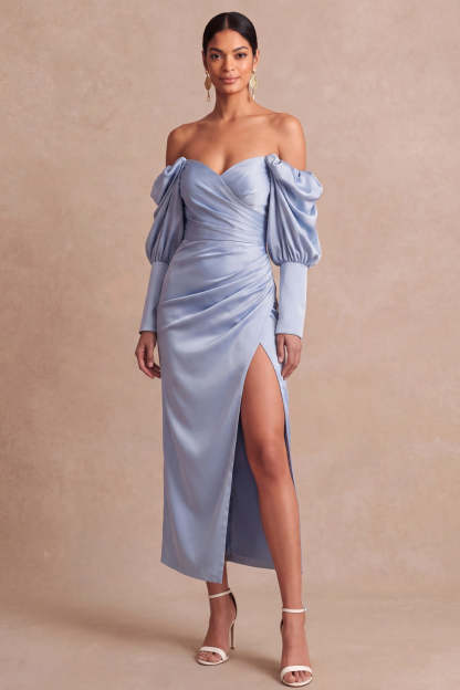Leely Women Light Blue Sheath Long Wedding Guest Dress with Slit Satin Long Sleeves Ruched Formal Dress