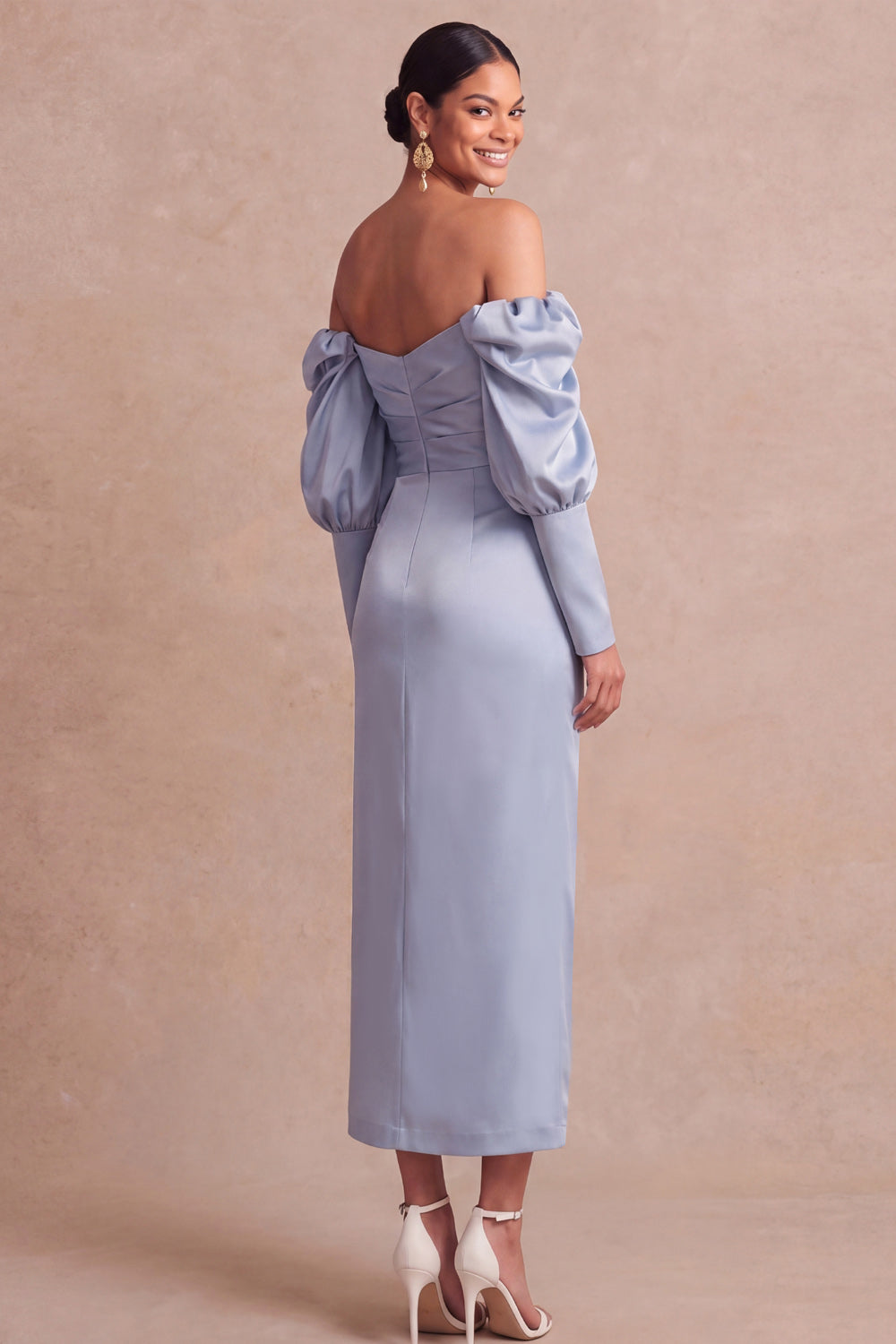 Light Blue Sheath Satin Ruched Long Wedding Guest Dress with Slit