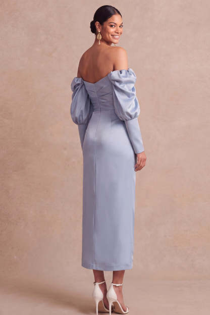 Light Blue Sheath Satin Ruched Long Wedding Guest Dress with Slit