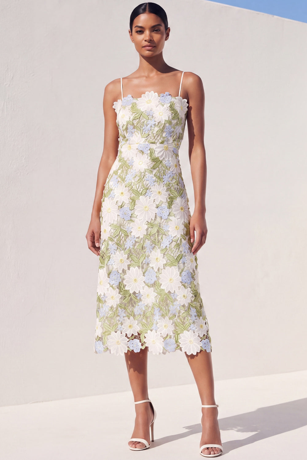 Green Floral Sheath Appliqued Midi Wedding Guest Dress