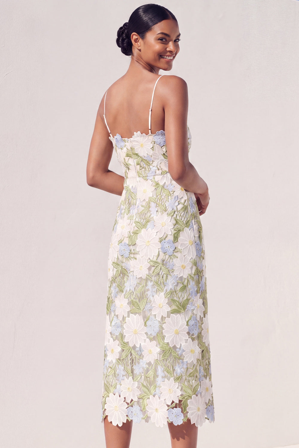 Green Floral Sheath Appliqued Midi Wedding Guest Dress