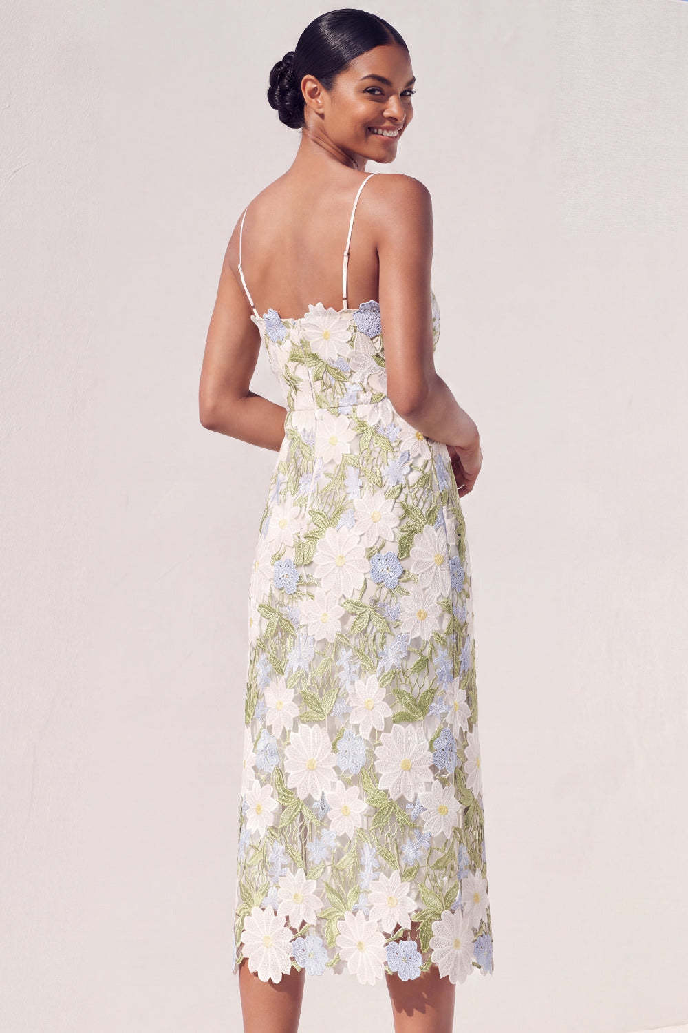 Green Floral Sheath Appliqued Midi Wedding Guest Dress
