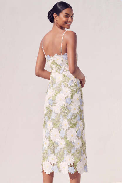 Green Floral Sheath Appliqued Midi Wedding Guest Dress