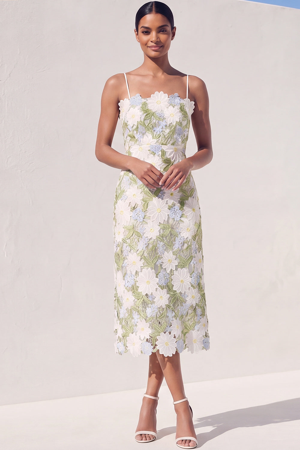 Leely Women Green Floral Sheath Appliqued Midi Wedding Guest Dress Backless Spaghetti Straps Formal Dress