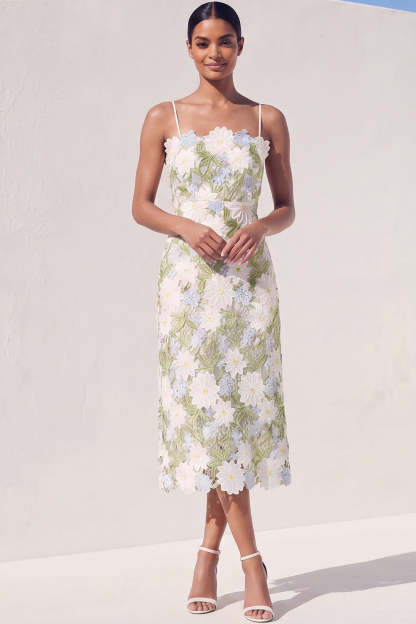 Leely Women Green Floral Sheath Appliqued Midi Wedding Guest Dress Backless Spaghetti Straps Formal Dress