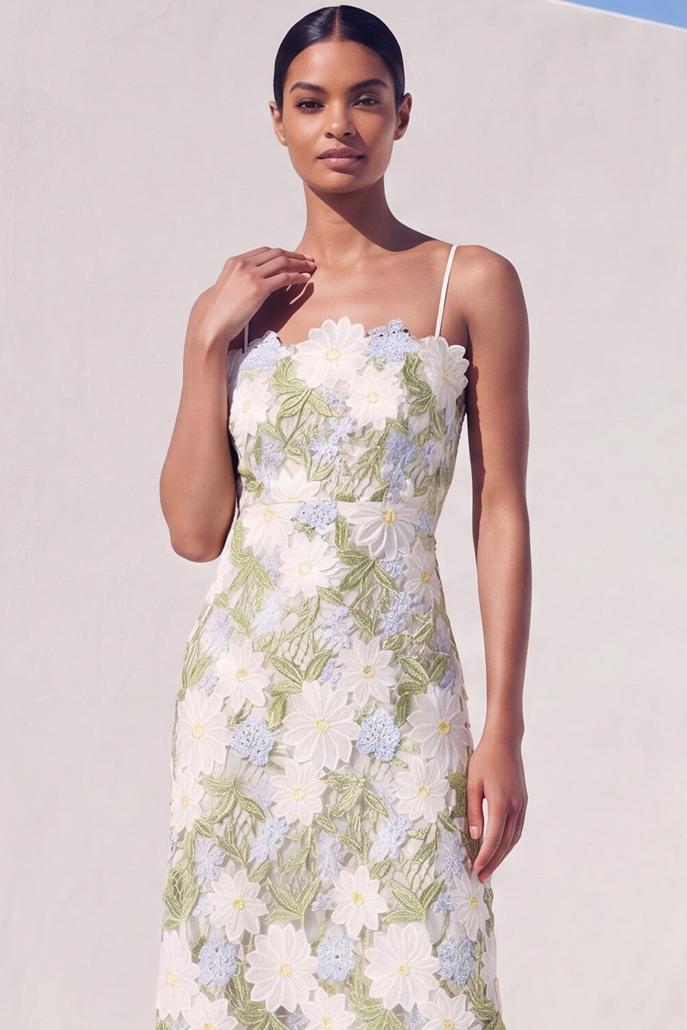 Green Floral Sheath Appliqued Midi Wedding Guest Dress